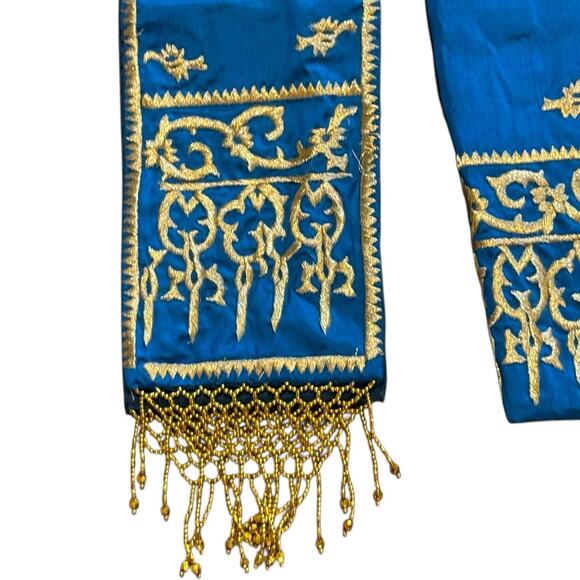 Turquoise Blue Sari Skirt with Golden Embroidery & Sash w/Beaded Trim 30” x 38” - Picture 5 of 8